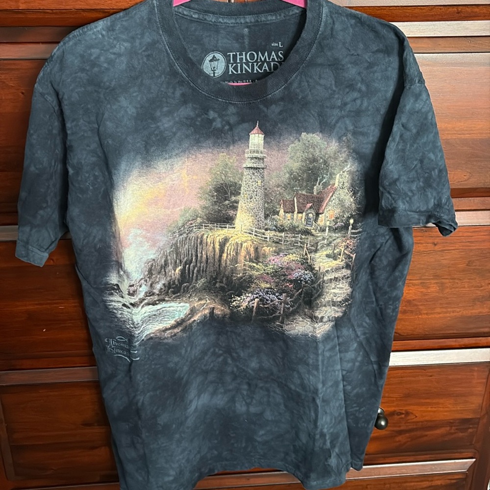 Navy tie dye Short Sleeve Tee with Lighthouse by Thomas Kincaid which